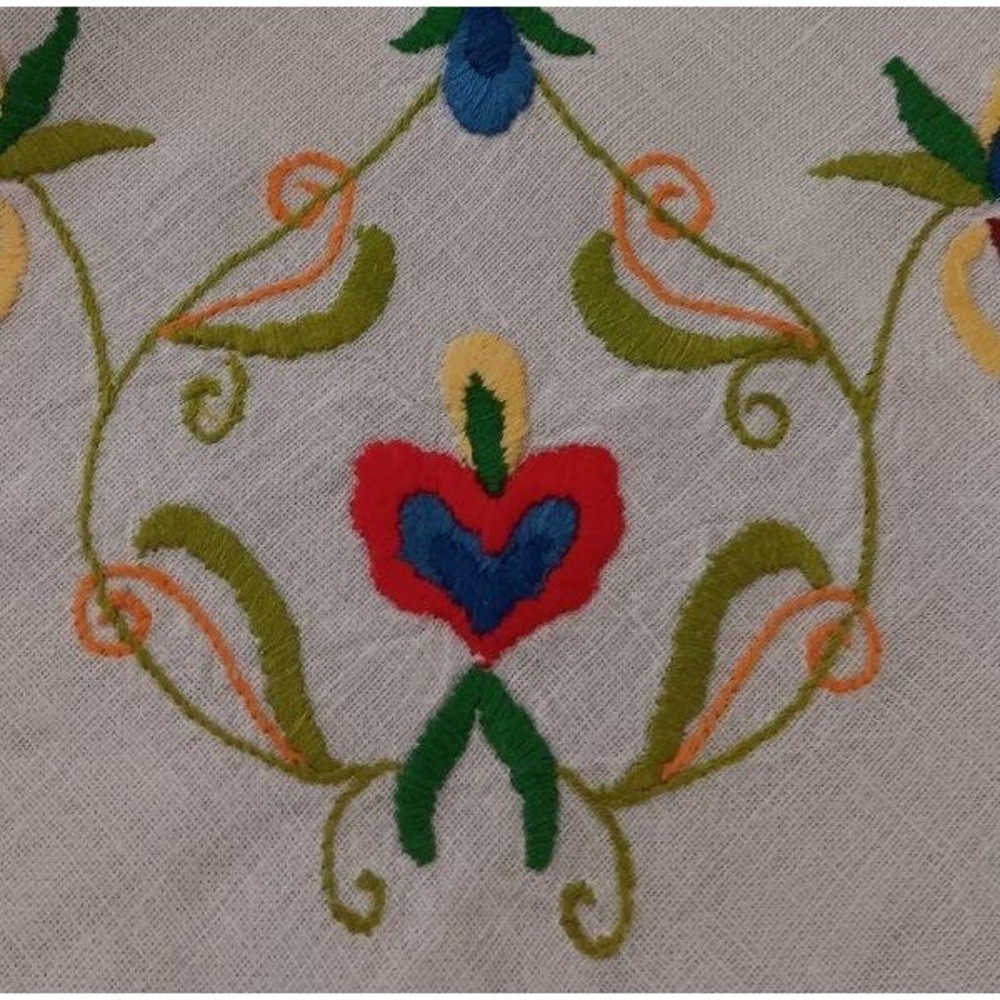 Large Vintage Norwegian Embroidered Tablecloth Linen Red Blue Swedish Floral 62"